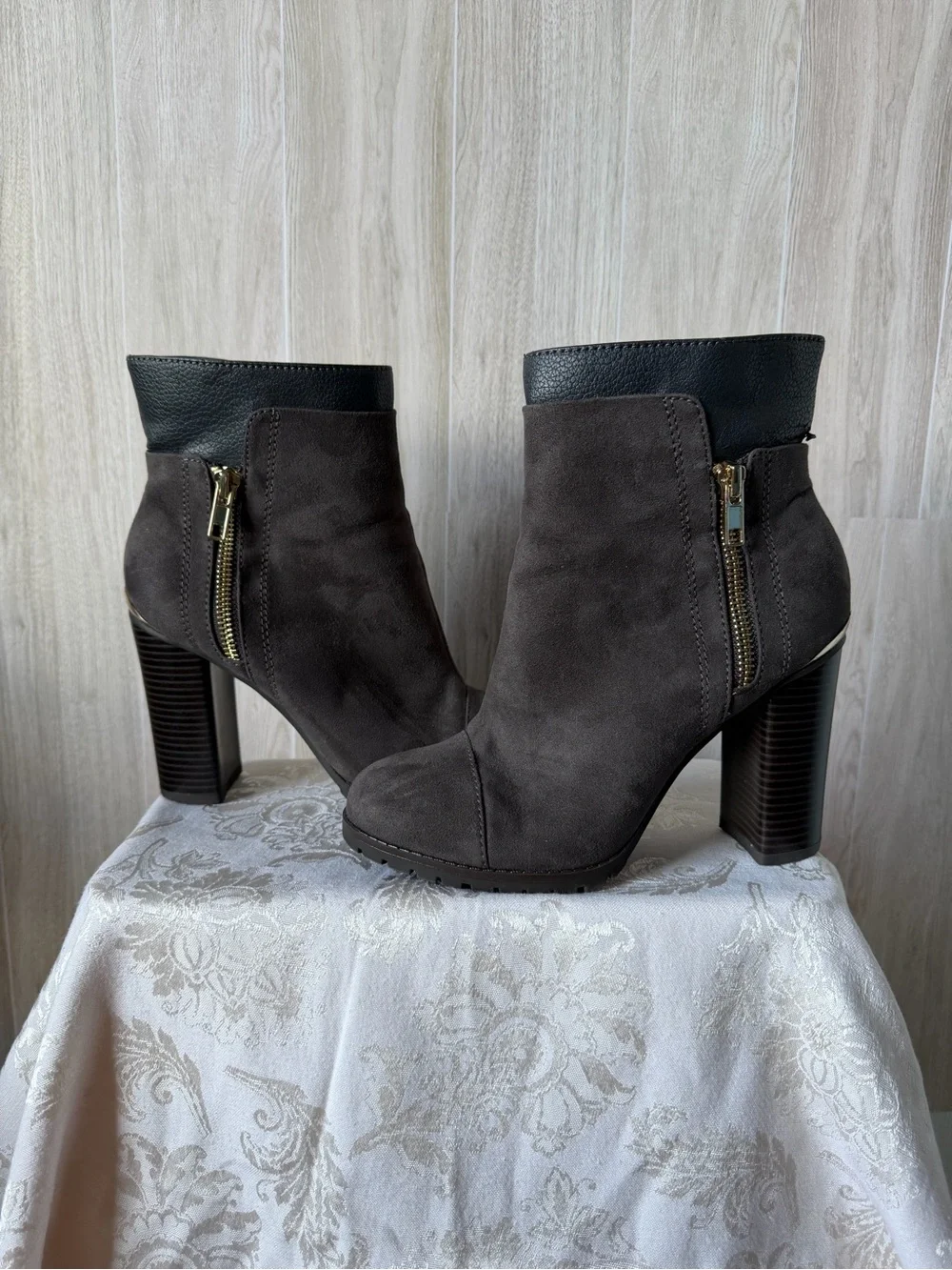 Juicy Couture Charcoal Suede Block Heel Ankle Boots with Black Cuff
